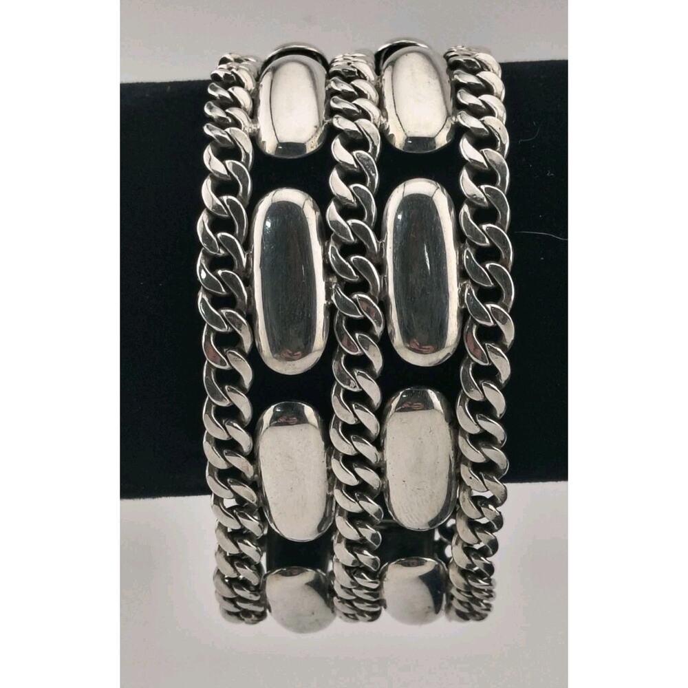Vintage Sterling Silver Triple Chain Panther & Curb Link Bracelet 7.5 Inches 51g
